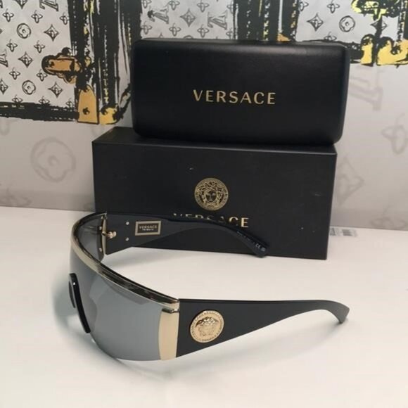 New Versace™ VE2197 Shield Sunglasses – Gold Frame / Grey Mirror Lenses - Picture 5 of 11